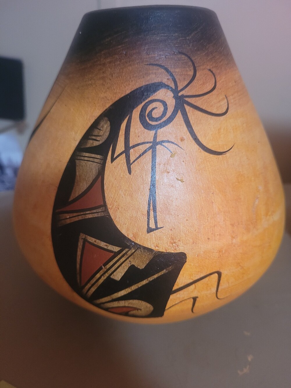 Decorative Crescent Moon Painted Vase - Black & Terracotta Accents